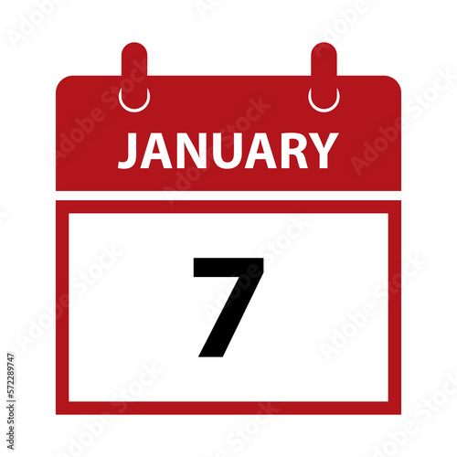 January 7. Vector flat daily calendar icon. Date and time, day, month for birthday, anniversary, appointment, remainder or event. Holiday.