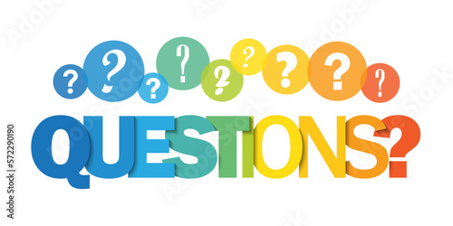 QUESTIONS? colorful vector typography banner with question marks