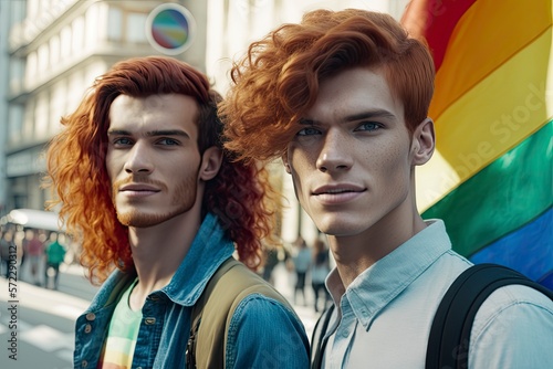 Two gay people at the pride festival in Madrid Spain. AI creation. photo