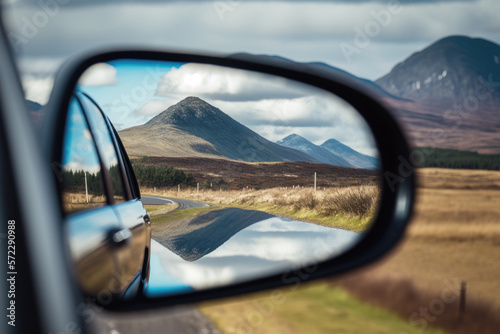 Rear view of a back mirror with scenic view of majestic Ireland or Scotland natural landscape. AI generative