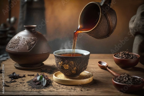 Healthy fermented puerh herbal tea chinese ceremony. AI generative