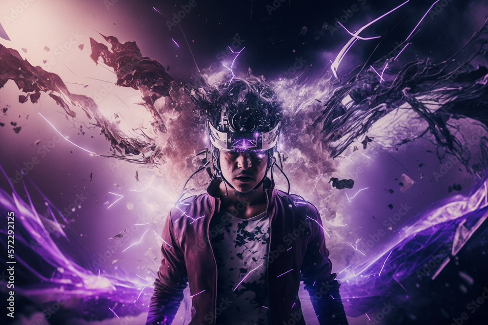 Young man using virtual reality headset.VR glasses,futuristic,technology,online education,education,video game concept. Generative AI. Young man using virtual reality headset.VR glasses,futuristic,technology,online education,education,video game concept. Generative AI.