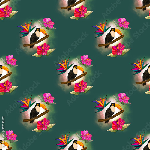 Exotic tucan design with lineart flowers PNG - seamless pattern © wivonne