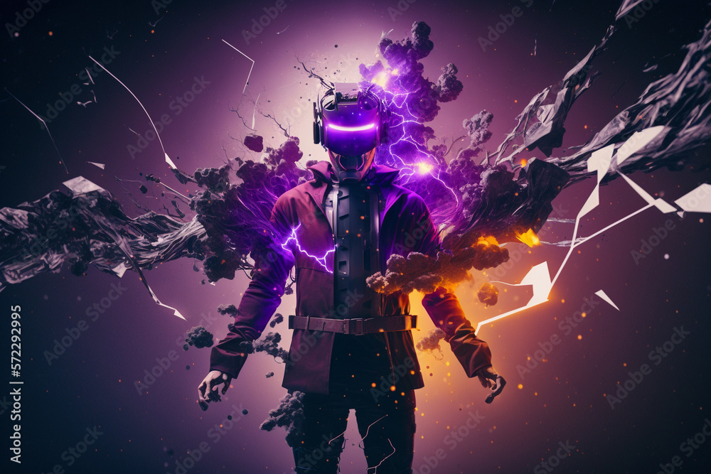 Young man using virtual reality headset. VR glasses, futuristic, technology, online education, education, video game concept. Generative AI.