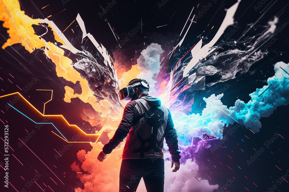 Young man using virtual reality headset. VR glasses, futuristic, technology, online education, education, video game concept. Generative AI. Young man using virtual reality headset. VR glasses, futuristic, technology, online education, education, video game concept. Generative AI.