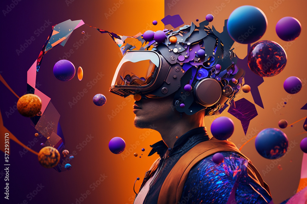 Young man using virtual reality headset. VR glasses, futuristic, technology, online education, education, video game concept. Generative AI.