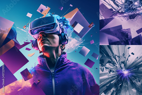 Young man using virtual reality headset. VR glasses, futuristic, technology, online education, education, video game concept. Generative AI.