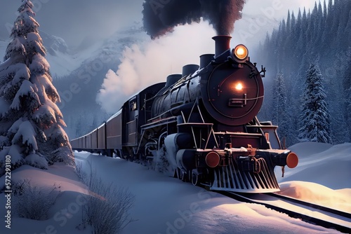 Steam train driving through the snow, the polar express, scenic landscape. Generative AI.