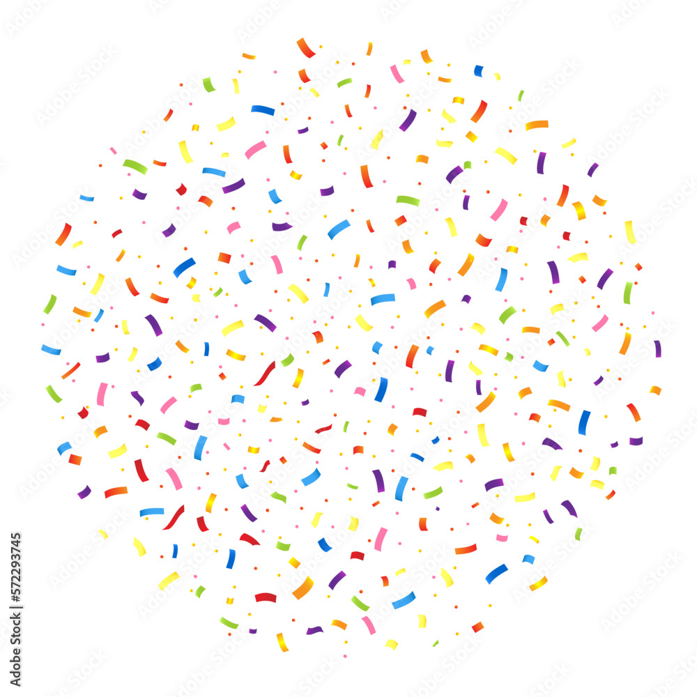Colorful confetti and ribbon falling on transparent background. Vector illustration.
