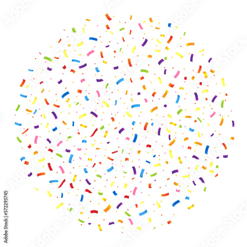 Colorful confetti and ribbon falling on transparent background. Vector illustration.