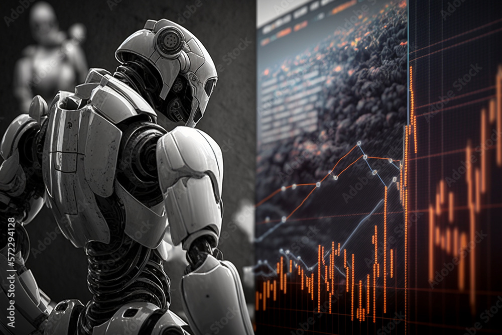 Future business 3d technology robot and stock chart traders, stock chart analysis to beat the market. Generative AI. Future business 3d technology robot and stock chart traders, stock chart analysis to beat the market. Generative AI.