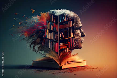 Human brain and books concept, knowledge and philosophy, generative AI