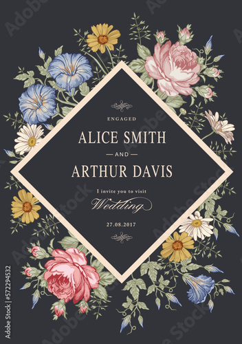 Thank You love. Wedding marriage invitation bouquet. Beautiful blooming flowers Vintage greeting card Frame Drawing engraving Petunia Chamomile Rose isolated floral Wallpaper. Vector  Illustration.  