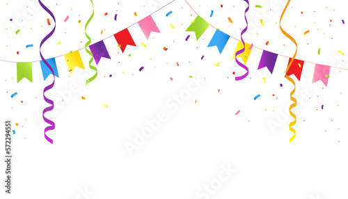 Colorful Party Flags With Confetti And Ribbons Falling On White Background. Celebration Event & Happy Birthday. Vector illustration