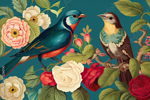 Elegant floral pattern with flowers and birds, generative AI