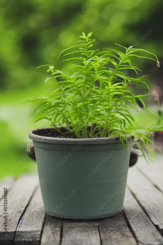 Outside view of traditional little green plant in a pot - generative ai