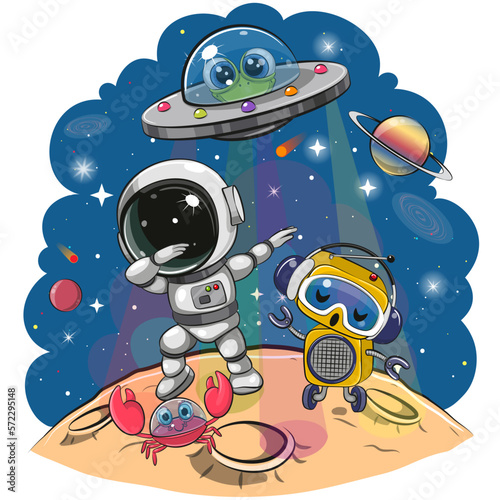 Cartoon dancing astronaut  and robot
