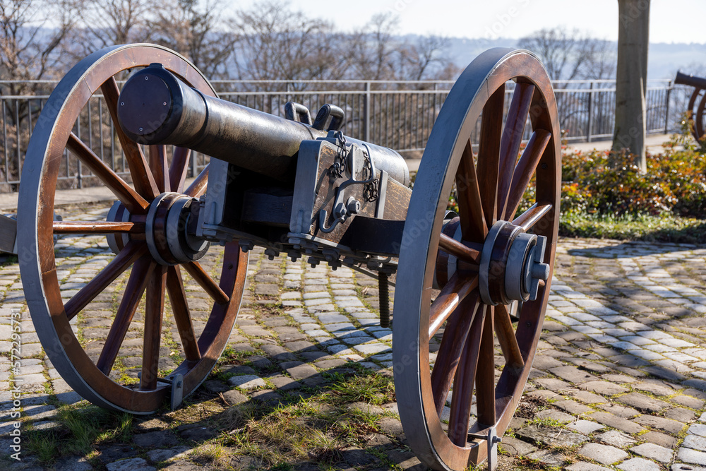 View of a replica of an old historical cannon on a sunny winter day