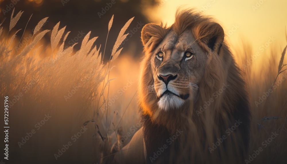 Fototapeta premium Fotografía profesional león en la sabana al atardecer, León macho adulto muy detallada, creado con IA generativa