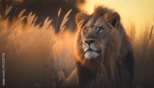 Fotografía profesional león en la sabana al atardecer, León macho adulto muy detallada, creado con IA generativa © Loktor