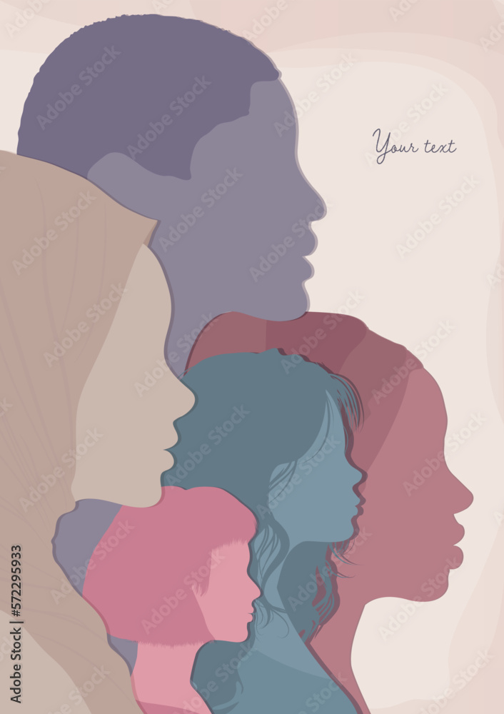 Silhouette profile group of multicultural women. International Women’s day. Female social community of diverse culture. Colleagues.Racial equality. Empowerment.Feminism. Poster copy space