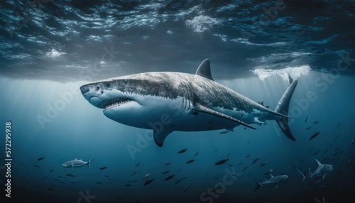 Fotografía profesional tiburón blanco en el océano azul, creado con IA generativa © Loktor