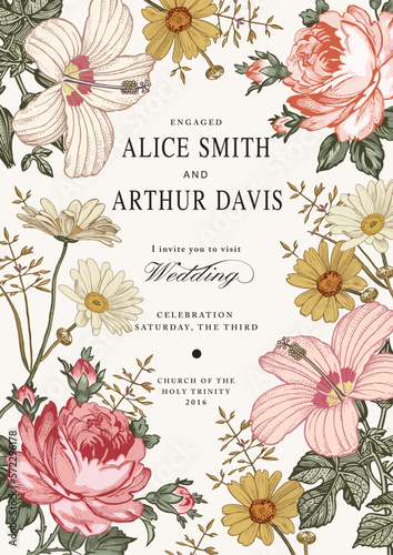Wedding marriage thanks invitation. Beautiful blooming flowers. Vintage greeting card Frame Drawing engraving hibiscus Chamomile Rose isolated floral. Wallpaper background. Vector baroque Illustration