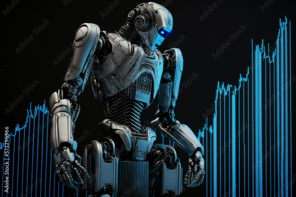 Naklejka premium Future business 3d technology robot and stock chart traders, stock chart analysis to beat the market. Generative AI.