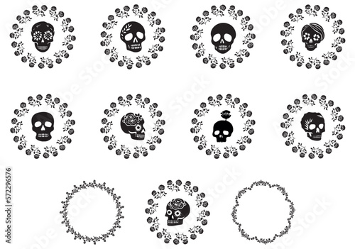 Collection of skull goth vector motif. Set for retro scary halloween low brow style illustrations. 