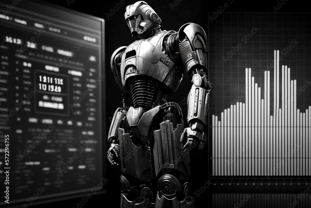 Naklejka premium Future business 3d technology robot and stock chart traders, stock chart analysis to beat the market. Generative AI.