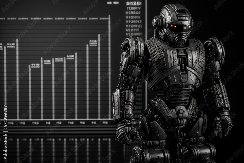 Naklejka premium Future business 3d technology robot and stock chart traders, stock chart analysis to beat the market. Generative AI.