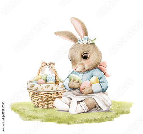 Canvas Print Watercolor vintage girl bunny rabbit in dress and wicker basket with Easter eggs on green lawn isolated on white background