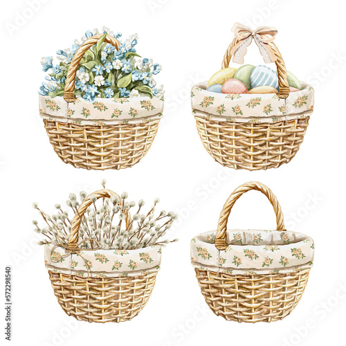 Watercolor set with vintage four wicker basket with colorful Easter eggs, flowers and willow bouquet isolated on white background. Watercolor hand drawn illustration sketch