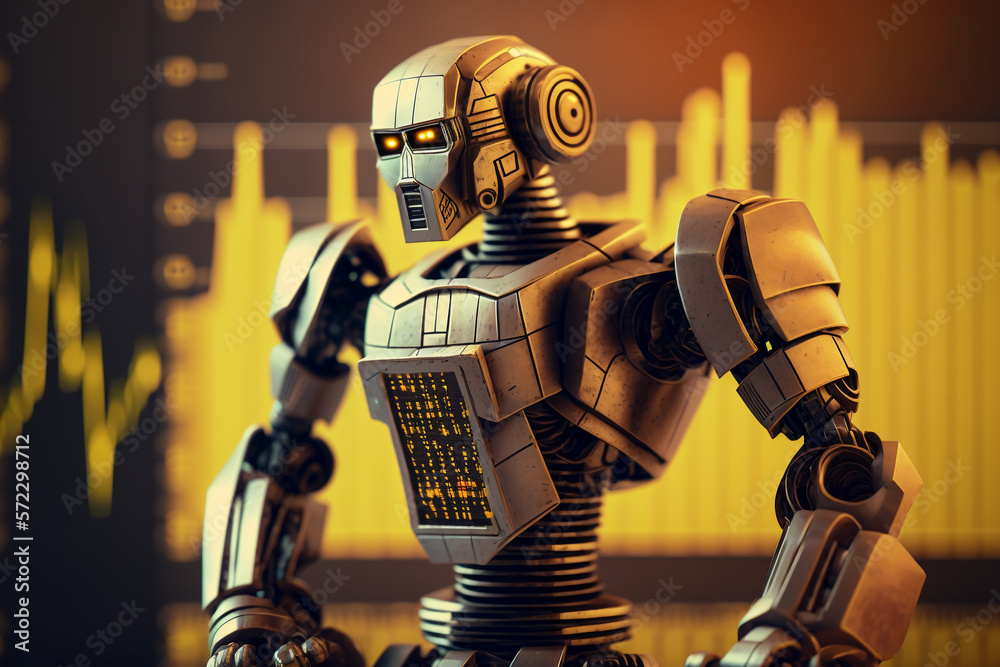 Future business 3d technology robot and stock chart traders, stock chart analysis to beat the market. Generative AI. Future business 3d technology robot and stock chart traders, stock chart analysis to beat the market. Generative AI.
