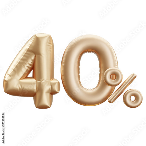 3d minimal font gold balloons number 40 percent isolated transparent. for discount marketing. 3d rendering illustration