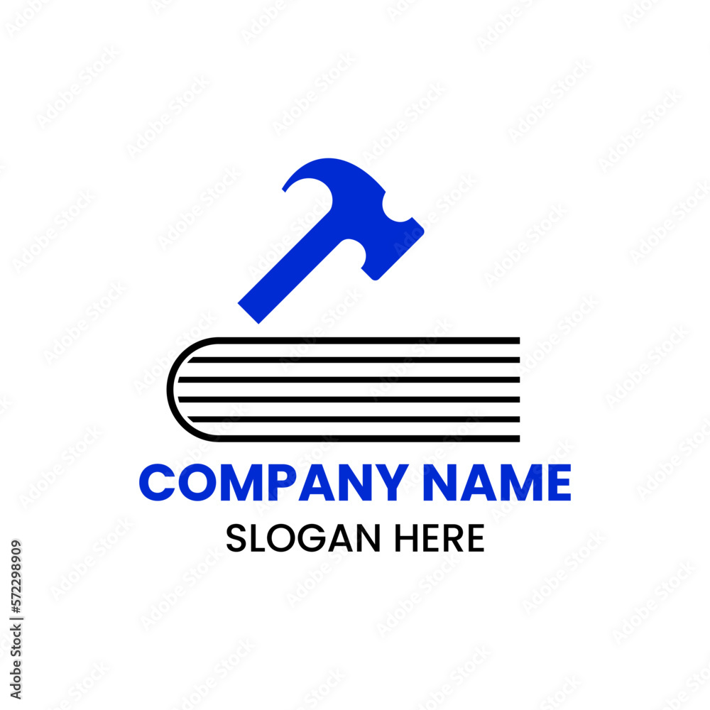 Hammer Book Logo Design Concept With Book and Hammer Icon Template