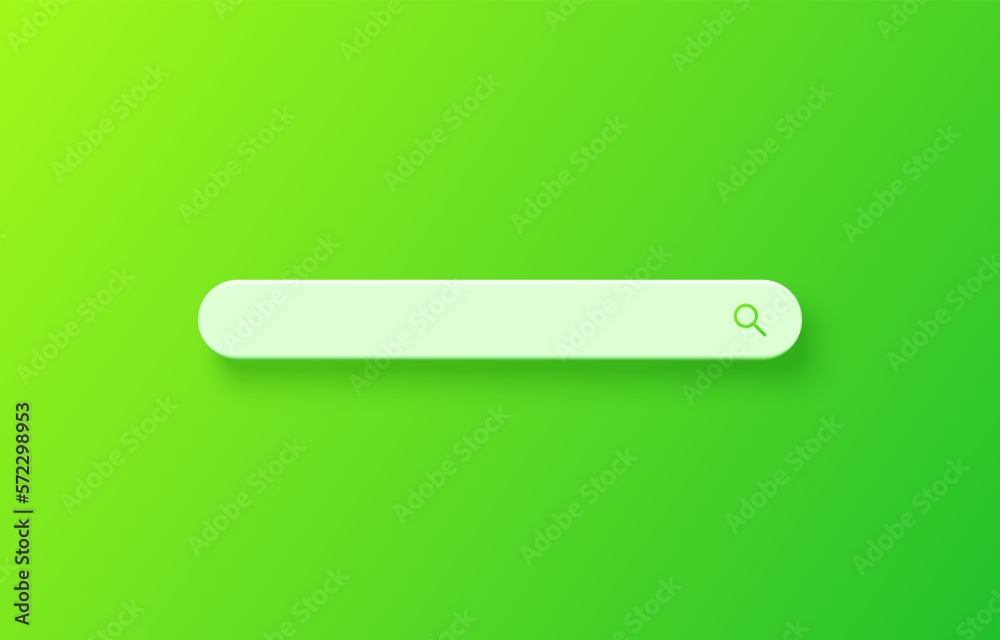 3d render search bar graphic design element on green background. Search button in browser window. Template design ui, ux, mobile app. Modern searching box sign. Vector illustration