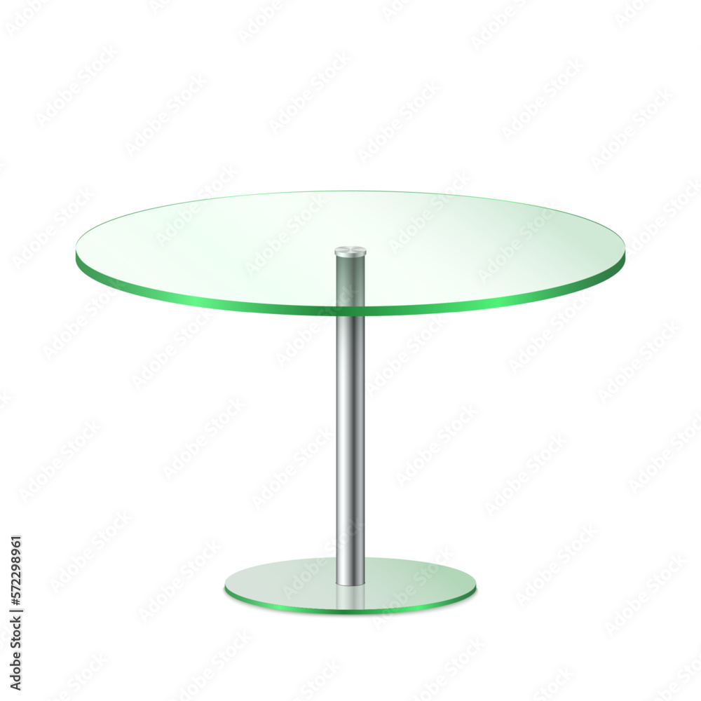 Realistic glass empty round table with metal stand and shadow. Template design for interior restaurant or cafeteria interior. Modern table furniture sign. 3d vector illustration Realistic glass empty round table with metal stand and shadow. Template design for interior restaurant or cafeteria interior. Modern table furniture sign. 3d vector illustration