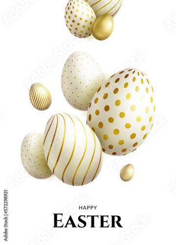 Happy Easter background. Greeting card with white eggs with golden patterns on white background.