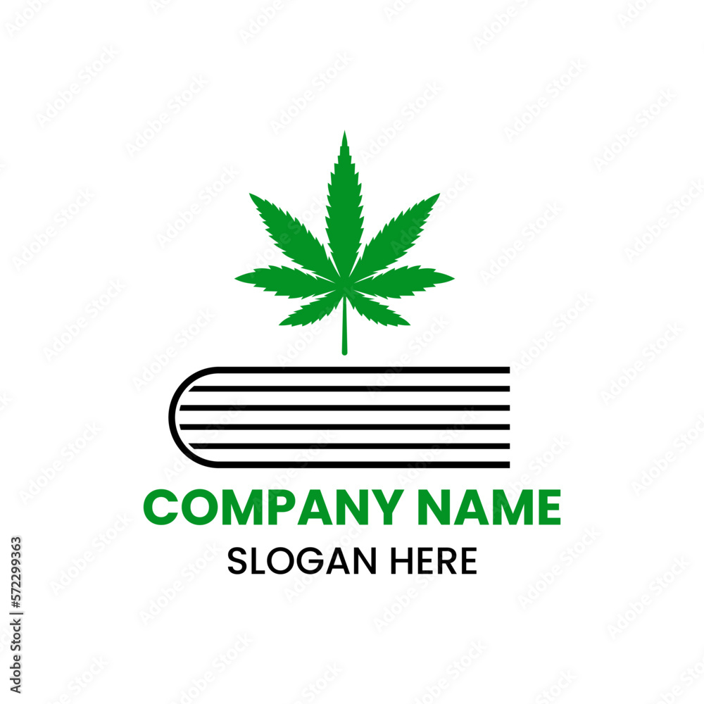 Cannabis Book Logo Design Concept With Book and Marijuana Icon Template Cannabis Book Logo Design Concept With Book and Marijuana Icon Template