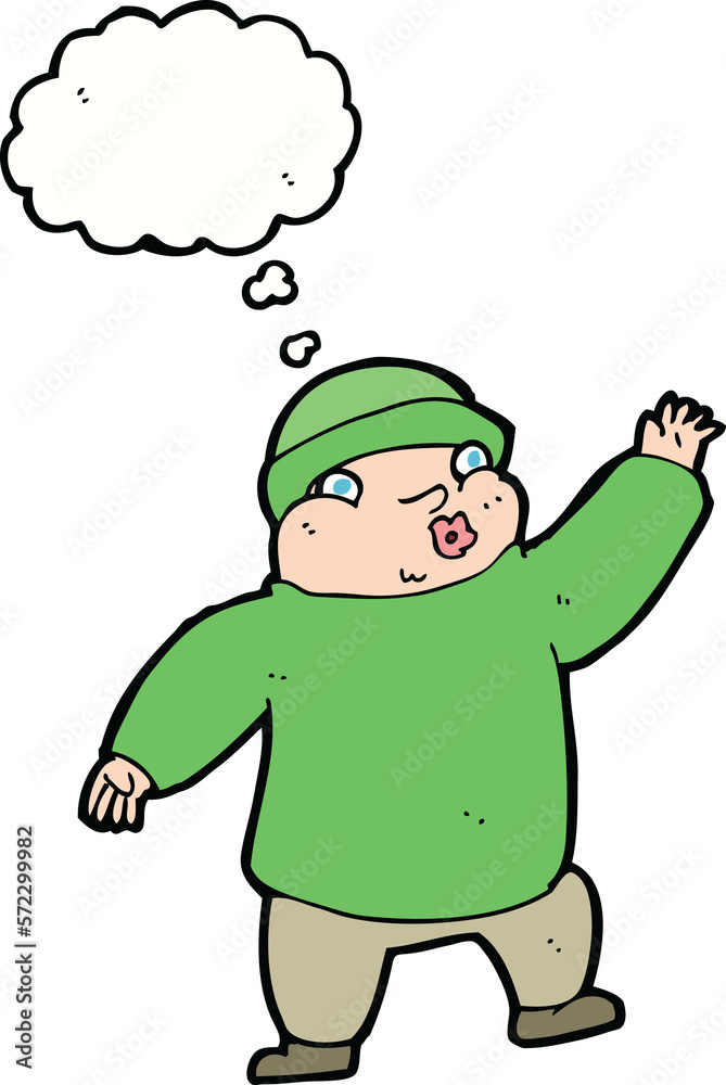 cartoon man in hat waving with thought bubble cartoon man in hat waving with thought bubble