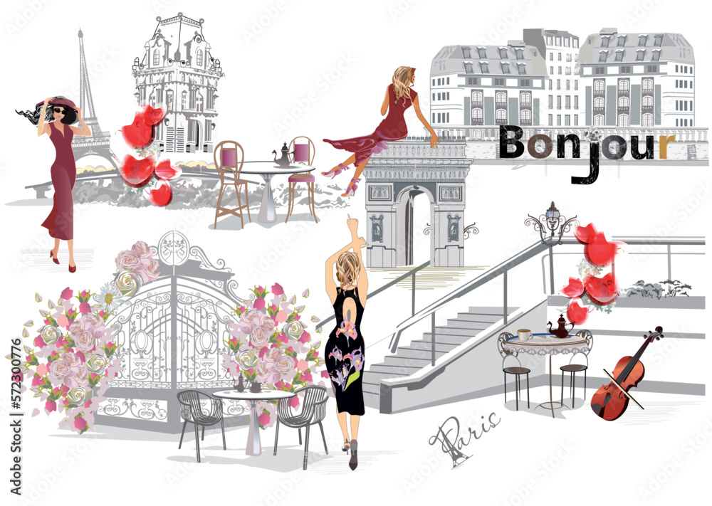 Set of Parisian symbols with the Eiffel tower, fashion girls and  lettering Bonjour,   fashion girls in hats, architectural elements. Hand drawn vector illustration. - obrazy, fototapety, plakaty 