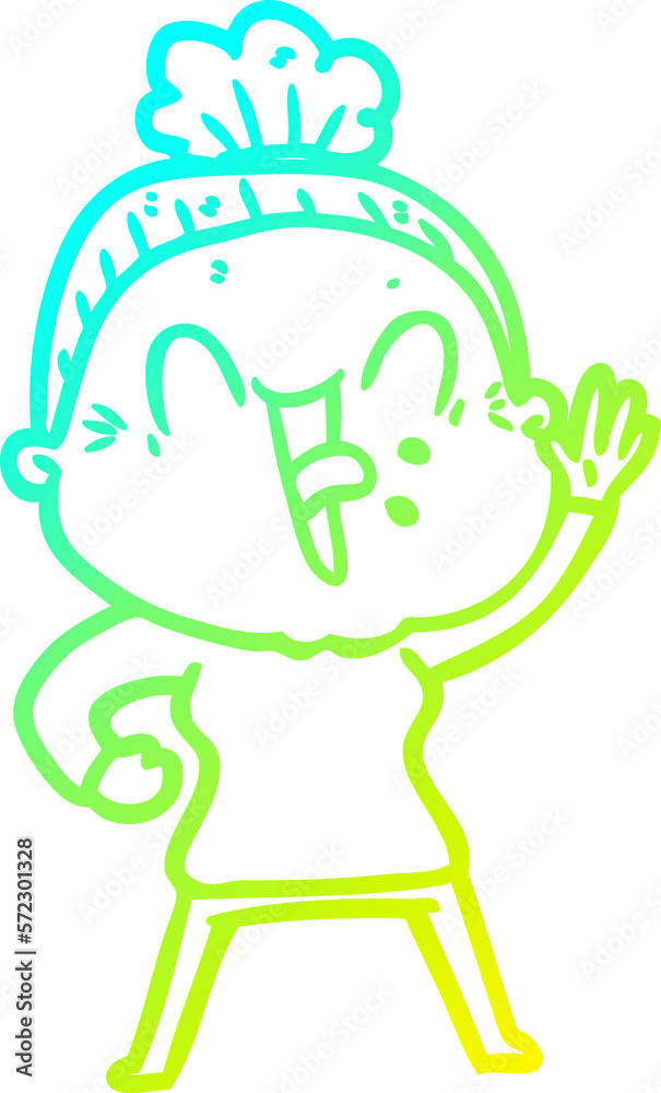 cold gradient line drawing cartoon happy old woman
