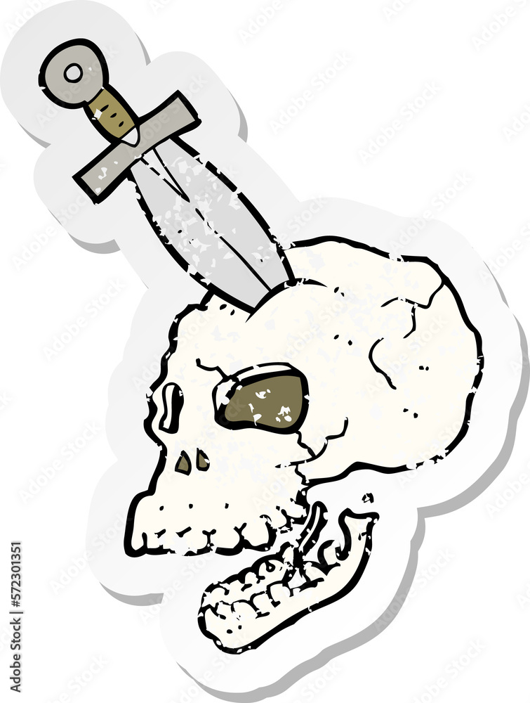 retro distressed sticker of a cartoon dagger stuck in skull
