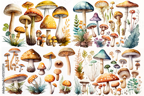 Fotografija Watercolor illustration of mushrooms collection on white background - AI generat