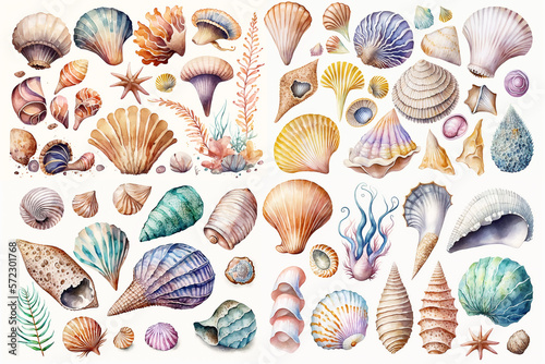 Watercolor illustration of shells collection on white background - AI generative