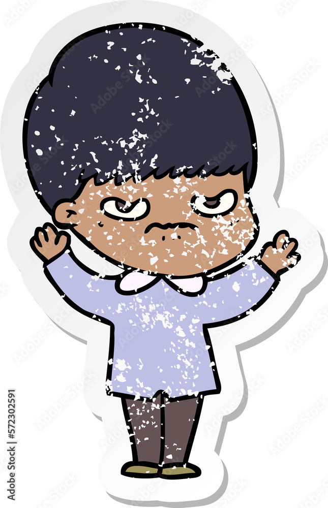 distressed sticker of a annoyed cartoon boy distressed sticker of a annoyed cartoon boy