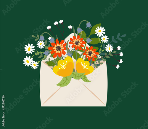 Poster-envelope with a bouquet of wild flowers. Spring composition to women. Vector illustration on a green background.