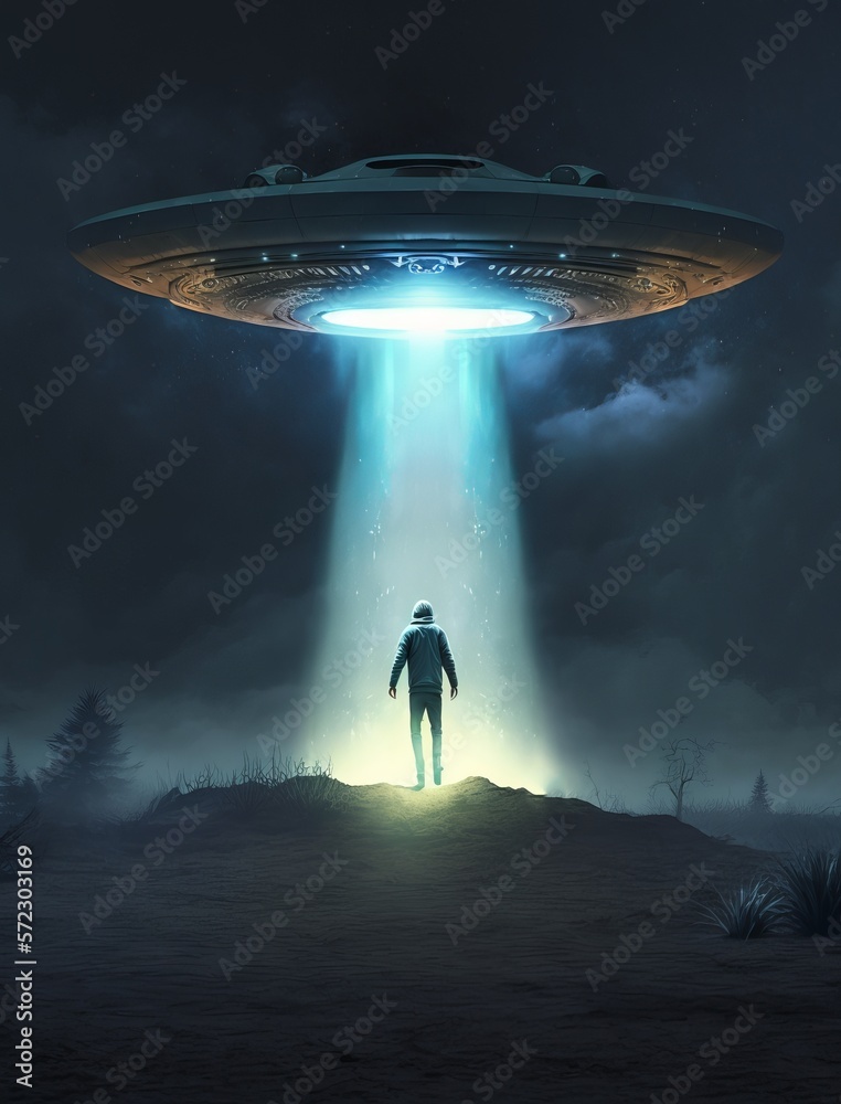 Man Being Abducted By Mysterious UFO Human Floating In Air During Dark Night In Open Field Man Being Abducted By Mysterious UFO Human Floating In Air During Dark Night In Open Field
