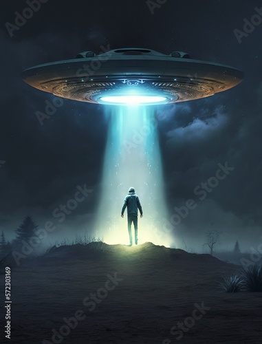 Man Being Abducted By Mysterious UFO Human Floating In Air During Dark Night In Open Field
